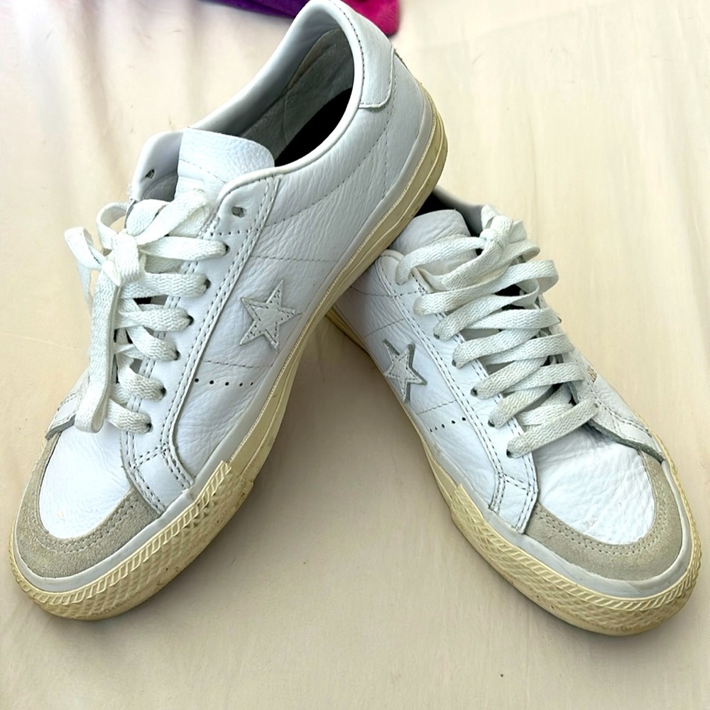 Converse white leather sneakers; sz womens 9.5 men’s 8